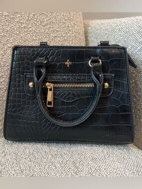 Peta + Jain Black Croc-Embossed Satchel with Gold Hardware